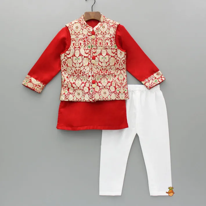 Best Red Kurta With Brocade Jacket And Pyjama BOY Indian Ethnic Wear | Ethnic Sets