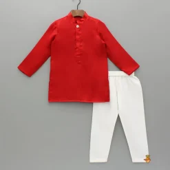 Sale Red Kurta With Embroidered Front Open Jacket And Pyjama BOY Indian Ethnic Wear | Ethnic Sets