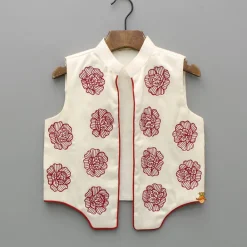Sale Red Kurta With Embroidered Front Open Jacket And Pyjama BOY Indian Ethnic Wear | Ethnic Sets