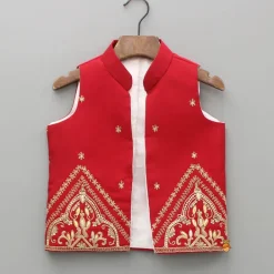 Online Red Kurta With Front Open Embroidered Jacket And Churidar BOY Twinning Sets | Indian Ethnic Wear