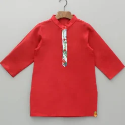 Sale Red Kurta With Jungle Theme Printed Jacket And Pyjama BOY Indian Ethnic Wear | Ethnic Sets