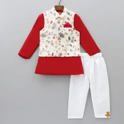 Hot Red Kurta With Off White Floral And Sequins Embroidered Jacket And Pyjama BOY Indian Ethnic Wear | Ethnic Sets