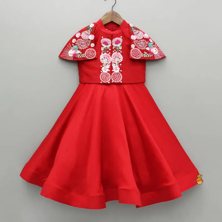 Best Red Kurti With Embroidered Shoulder Flap Jacket Ethnic Wear | Kurtis & Jumpsuits