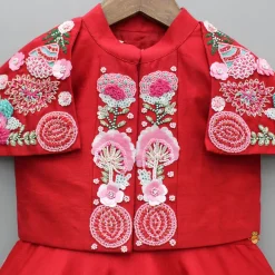 Best Red Kurti With Embroidered Shoulder Flap Jacket Ethnic Wear | Kurtis & Jumpsuits