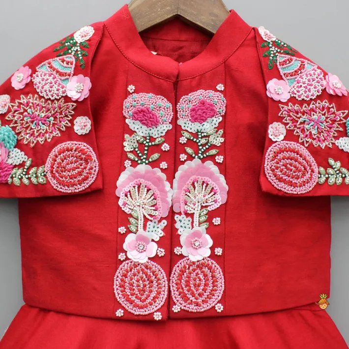Best Red Kurti With Embroidered Shoulder Flap Jacket Ethnic Wear | Kurtis & Jumpsuits