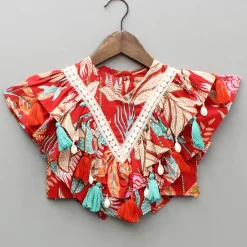 New Red Multicolour Printed Top With Frilly Layers And Lehenga Twinning Sets | Ethnic Wear