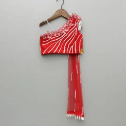Outlet Red One Shoulder Embellished Top With Attached Dupatta And Stylish Lehenga Ethnic Wear | Lehengas & Ghagras
