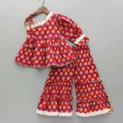 Outlet Red One Shoulder Printed Top And Tiered Sharara Ethnic Wear | Palazzos & Shararas