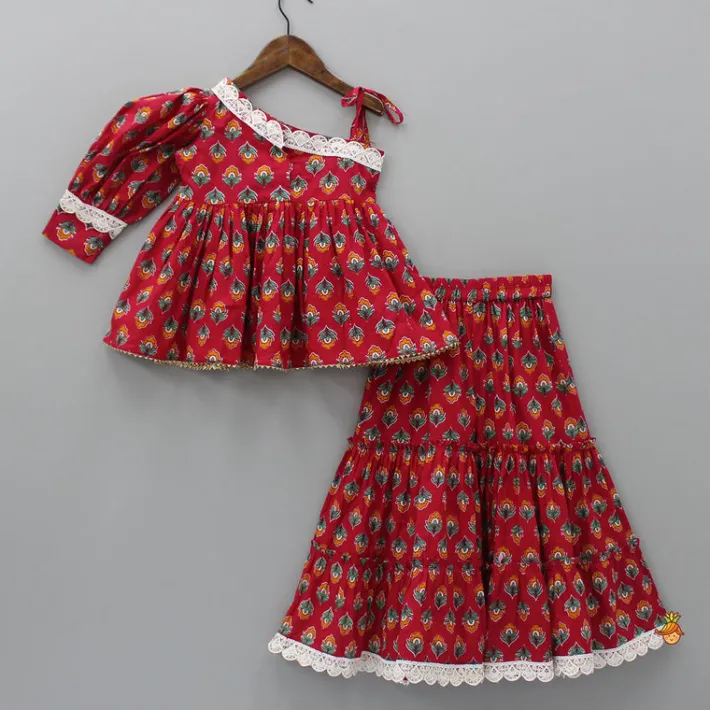 Hot Red One Shoulder Printed Top And Tiered Sharara Ethnic Wear | Palazzos & Shararas