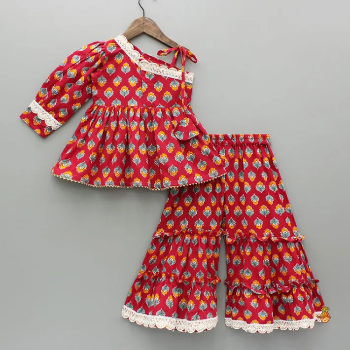 Outlet Red One Shoulder Printed Top And Tiered Sharara Ethnic Wear | Palazzos & Shararas