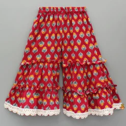 Outlet Red One Shoulder Printed Top And Tiered Sharara Ethnic Wear | Palazzos & Shararas