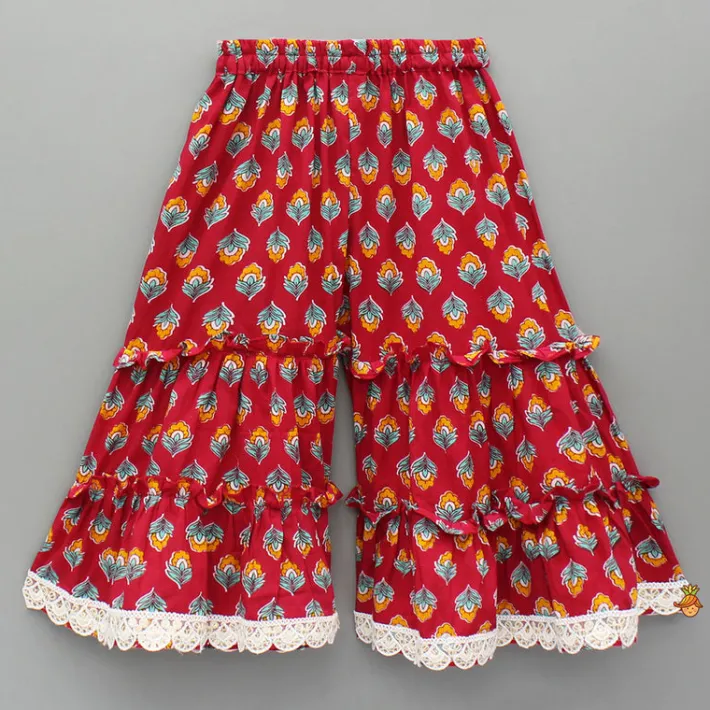 Outlet Red One Shoulder Printed Top And Tiered Sharara Ethnic Wear | Palazzos & Shararas