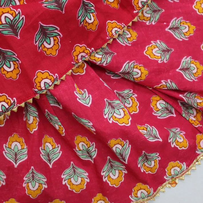 Hot Red One Shoulder Printed Top And Tiered Sharara Ethnic Wear | Palazzos & Shararas