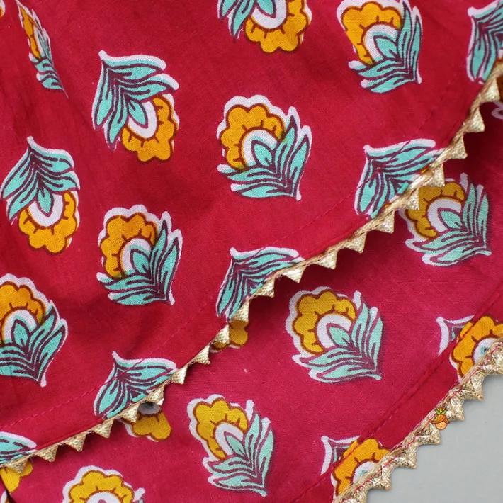 Outlet Red One Shoulder Printed Top And Tiered Sharara Ethnic Wear | Palazzos & Shararas