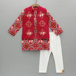 Clearance Red Patola Printed Kurta With Front Open Jacket And Pyjama BOY Twinning Sets | Indian Ethnic Wear
