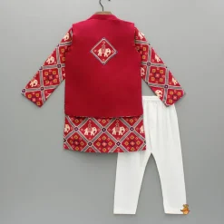 Clearance Red Patola Printed Kurta With Front Open Jacket And Pyjama BOY Twinning Sets | Indian Ethnic Wear