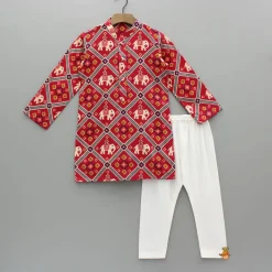 Clearance Red Patola Printed Kurta With Front Open Jacket And Pyjama BOY Twinning Sets | Indian Ethnic Wear
