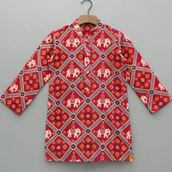 Clearance Red Patola Printed Kurta With Front Open Jacket And Pyjama BOY Twinning Sets | Indian Ethnic Wear