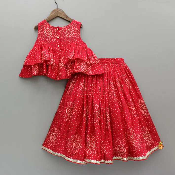 Best Red Printed Embroidered Layered Top And Flared Lehenga Ethnic Wear | Lehengas & Ghagras