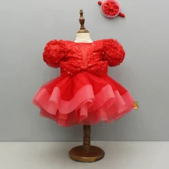 Fashion Red Sequined Ruffled Dress With Bows And Matching Swirled Bow Headband Dresses & Sets | Dresses