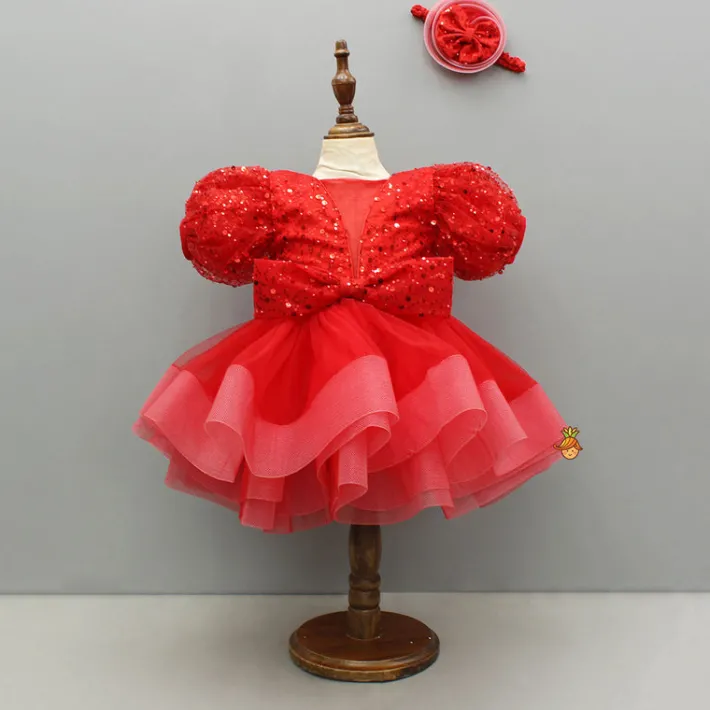 Fashion Red Sequined Ruffled Dress With Bows And Matching Swirled Bow Headband Dresses & Sets | Dresses