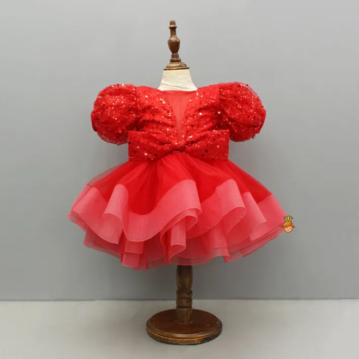 Fashion Red Sequined Ruffled Dress With Bows And Matching Swirled Bow Headband Dresses & Sets | Dresses