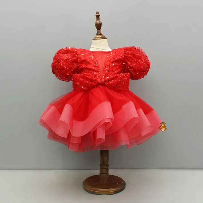 Fashion Red Sequined Ruffled Dress With Bows And Matching Swirled Bow Headband Dresses & Sets | Dresses