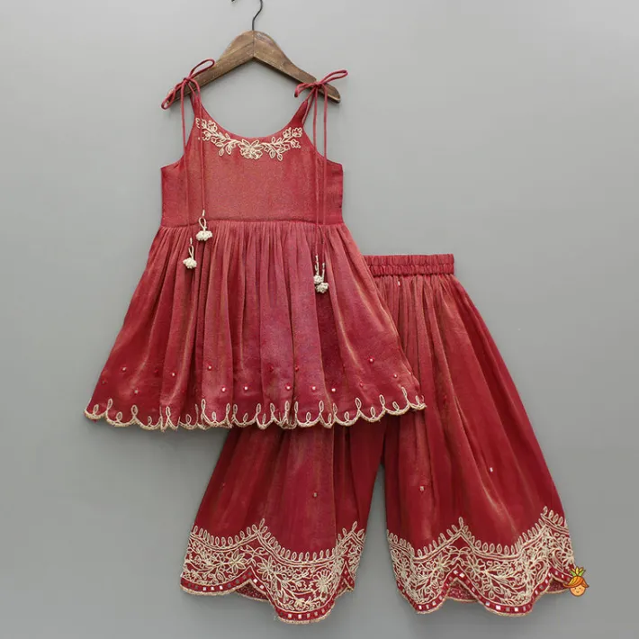 Outlet Red Shimmery Embroidered Strappy Kurti And Flared Palazzo Ethnic Wear | Palazzos & Shararas