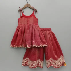 Outlet Red Shimmery Embroidered Strappy Kurti And Flared Palazzo Ethnic Wear | Palazzos & Shararas