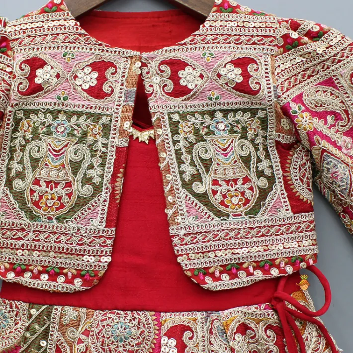 New Red Strappy Heavy Embroidered Kurti With Matching Embroidered Jacket Ethnic Wear | Kurtis & Jumpsuits