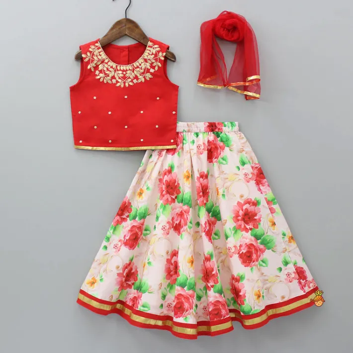 Online Red Top And Floral Printed Lehenga With Net Dupatta Ethnic Wear | Lehengas & Ghagras