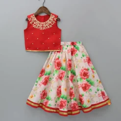 Online Red Top And Floral Printed Lehenga With Net Dupatta Ethnic Wear | Lehengas & Ghagras
