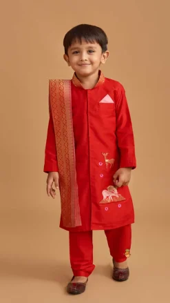 Outlet Reindeer Embroidered Red Kurta And Pyjama With Shawl BOY Indian Ethnic Wear | Ethnic Sets