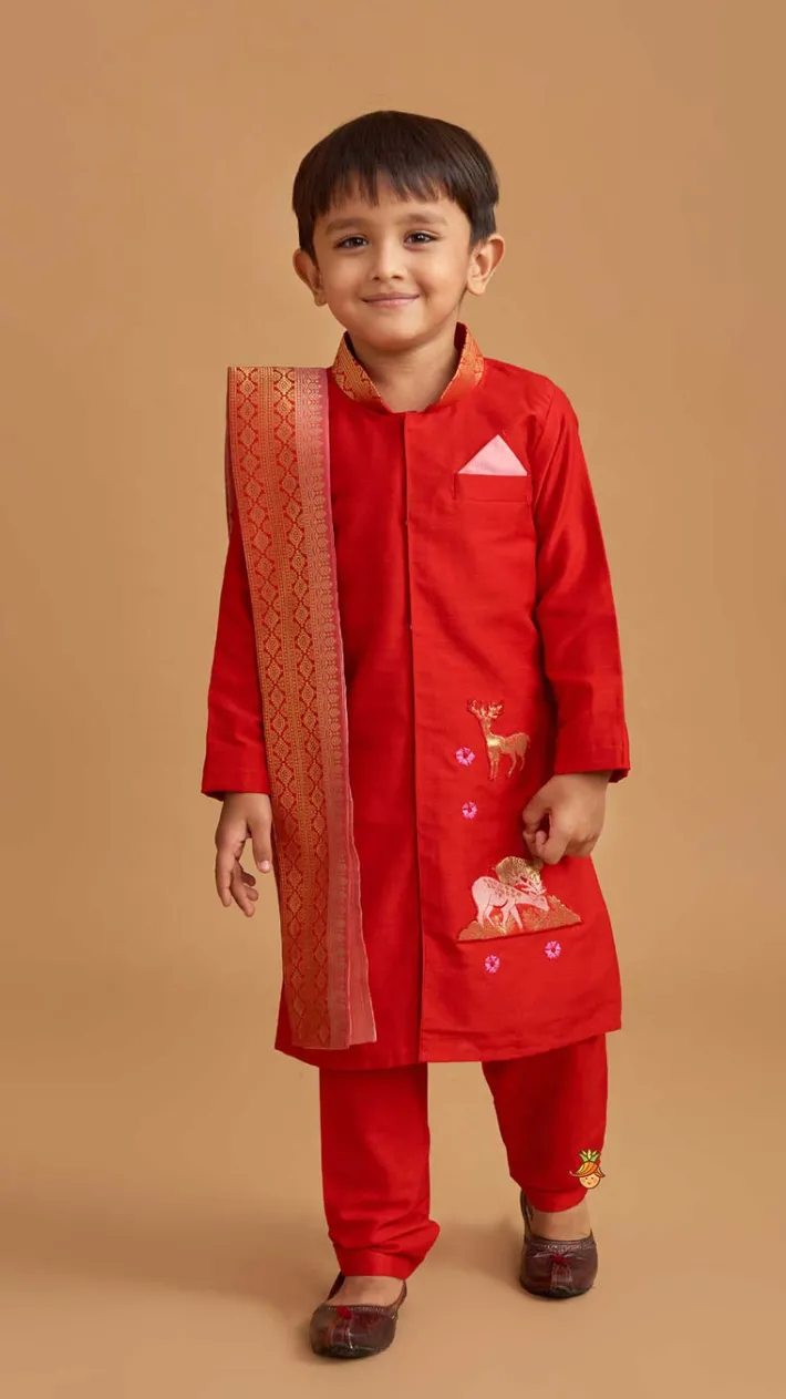 Outlet Reindeer Embroidered Red Kurta And Pyjama With Shawl BOY Indian Ethnic Wear | Ethnic Sets