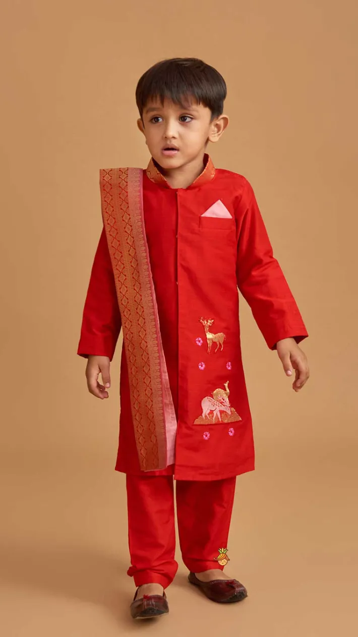 Outlet Reindeer Embroidered Red Kurta And Pyjama With Shawl BOY Indian Ethnic Wear | Ethnic Sets