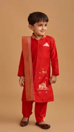 Outlet Reindeer Embroidered Red Kurta And Pyjama With Shawl BOY Indian Ethnic Wear | Ethnic Sets
