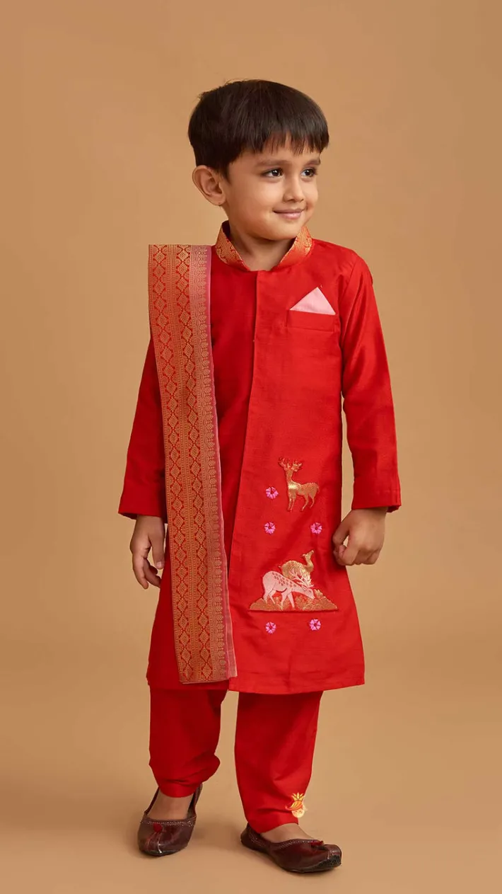 Outlet Reindeer Embroidered Red Kurta And Pyjama With Shawl BOY Indian Ethnic Wear | Ethnic Sets