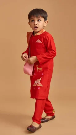 Outlet Reindeer Embroidered Red Kurta And Pyjama With Shawl BOY Indian Ethnic Wear | Ethnic Sets