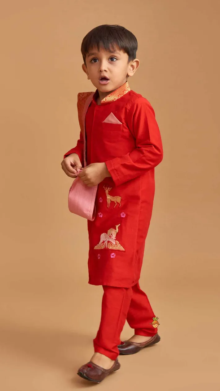Outlet Reindeer Embroidered Red Kurta And Pyjama With Shawl BOY Indian Ethnic Wear | Ethnic Sets