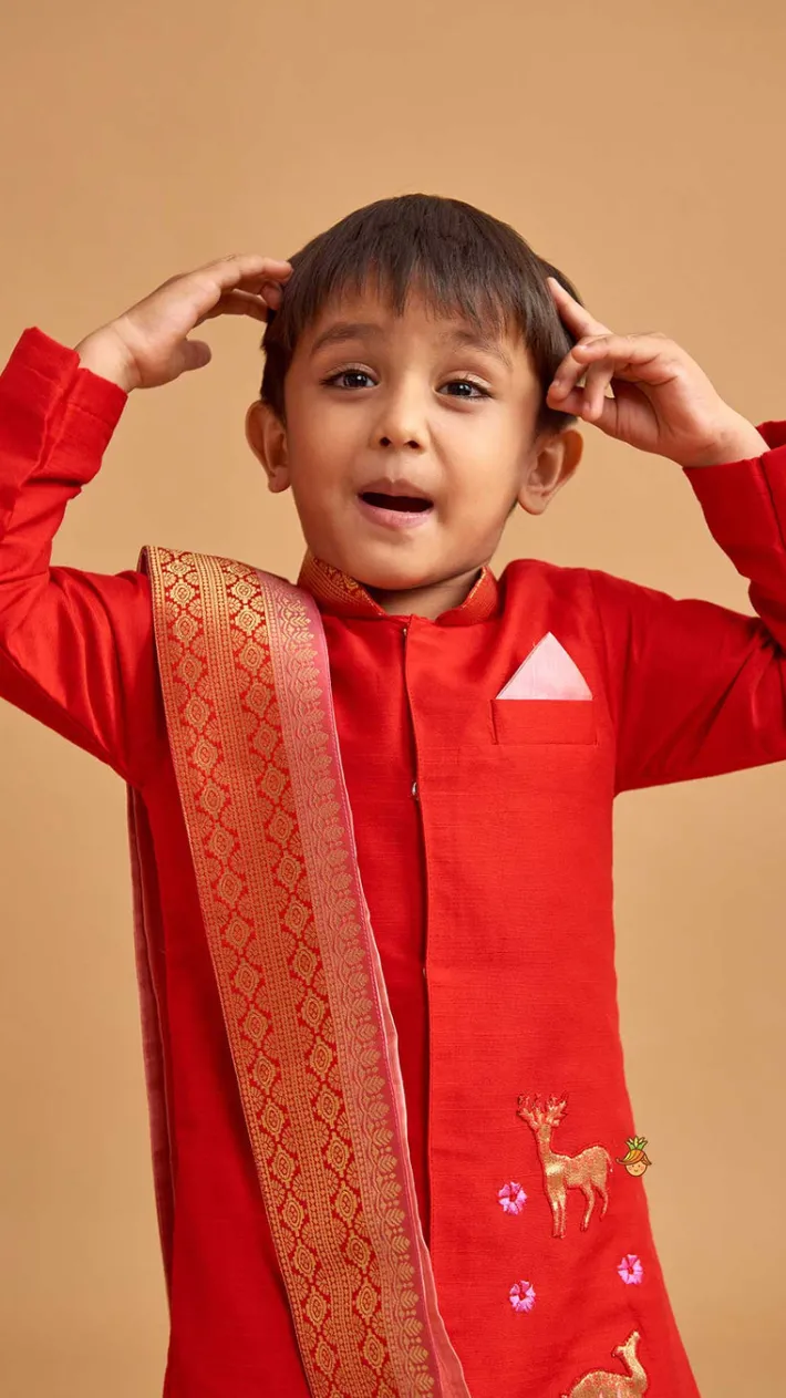 Outlet Reindeer Embroidered Red Kurta And Pyjama With Shawl BOY Indian Ethnic Wear | Ethnic Sets