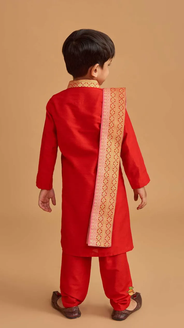 Outlet Reindeer Embroidered Red Kurta And Pyjama With Shawl BOY Indian Ethnic Wear | Ethnic Sets