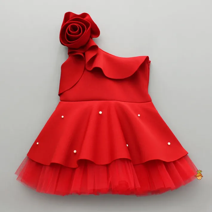 New Rose Embellished Frilly Red Scuba Dress Dresses & Sets | Dresses