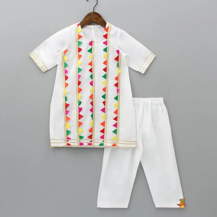 Hot Round Neck Colourful Triangles Lace Detail White Kurti And Pant Ethnic Wear | Churidars & Salwars