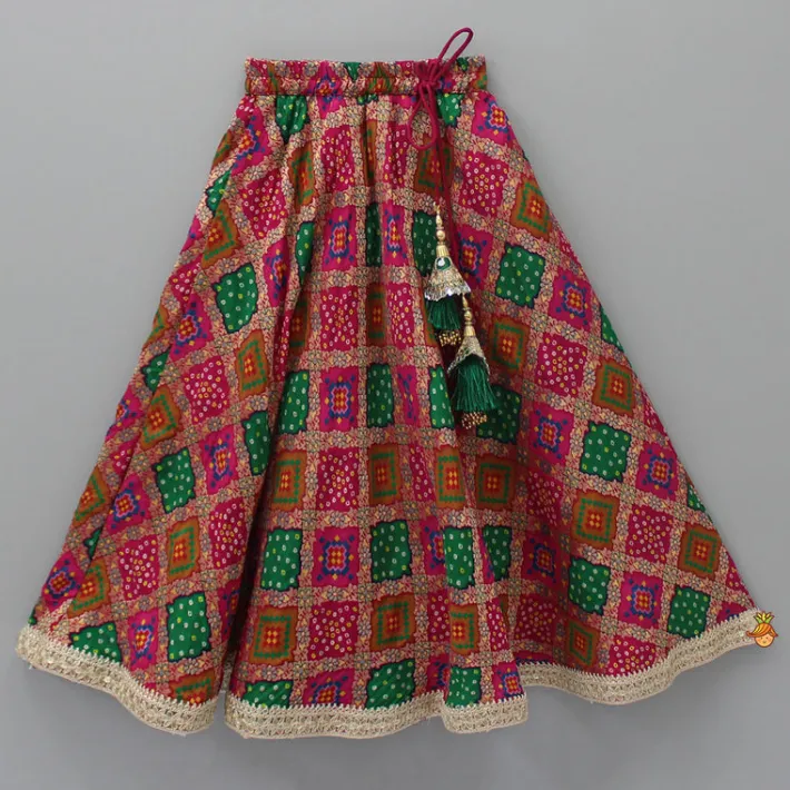 Outlet Round Neck Embroidered Pink Top And Bandhani Printed Multicolour Lehenga With Matching Dupatta Ethnic Wear | Lehengas & Ghagras
