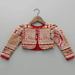 Sale Round Neck Red Kurti With Heavy Embroidered Jacket Ethnic Wear | Kurtis & Jumpsuits