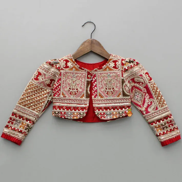Sale Round Neck Red Kurti With Heavy Embroidered Jacket Ethnic Wear | Kurtis & Jumpsuits