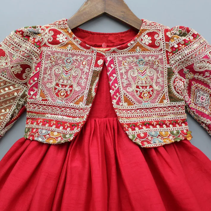 Sale Round Neck Red Kurti With Heavy Embroidered Jacket Ethnic Wear | Kurtis & Jumpsuits