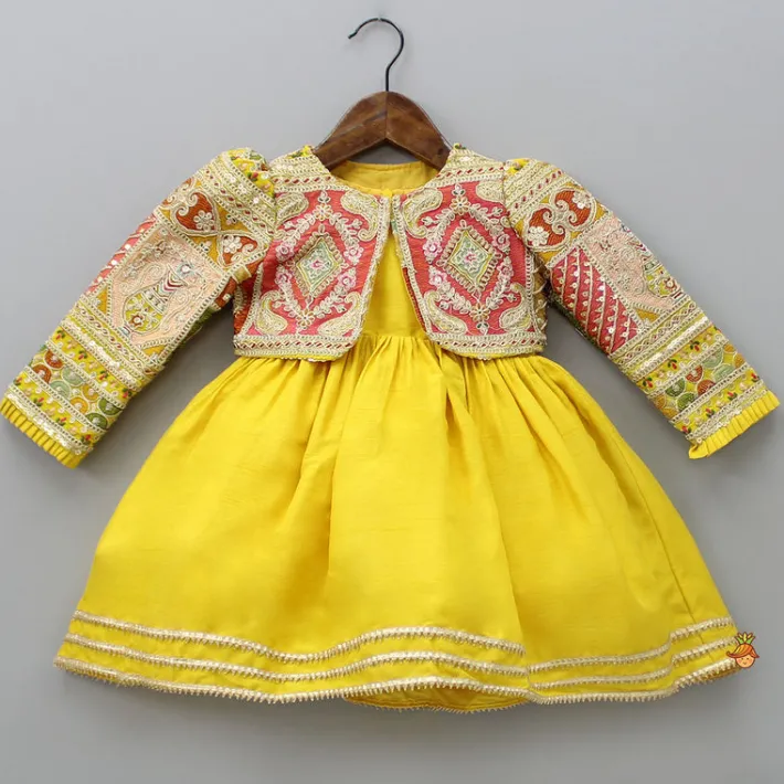 Discount Round Neck Yellow Kurti With Heavy Embroidered Jacket Ethnic Wear | Kurtis & Jumpsuits