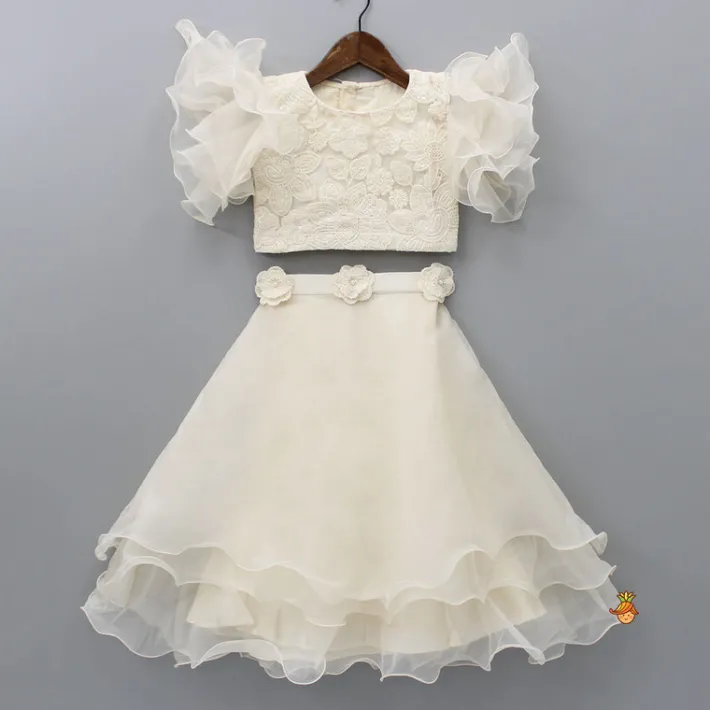 Hot Ruffle Sleeves Off White Embroidered Top And Layered Lehenga Ethnic Wear | Lehengas & Ghagras