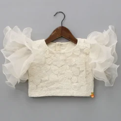 Clearance Ruffle Sleeves Off White Embroidered Top And Layered Lehenga Ethnic Wear | Lehengas & Ghagras